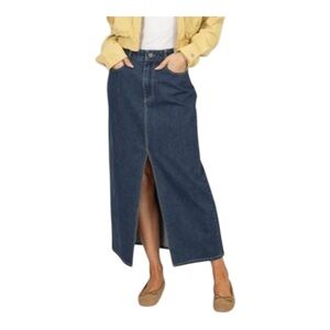 STREETLINE SLIT INDIGO BLUE MIDI DENIM SKIRT, FRONT POCKETS